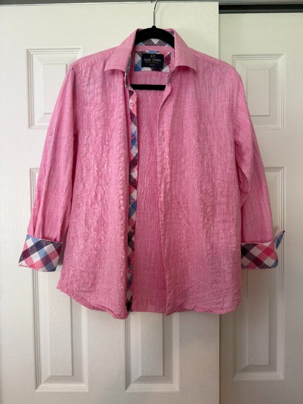 Suslo Couture Pink Linen Blend Shirt M Contrast Plaid Roll Tab